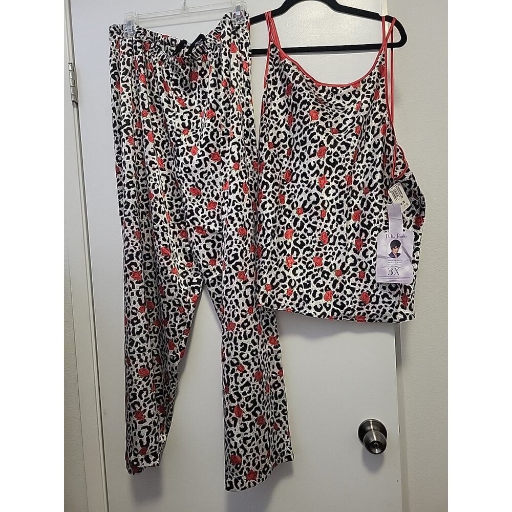 Delta Burke Satin Pajama Set Cheetah Rose Print Silver Black Red 3X NWT